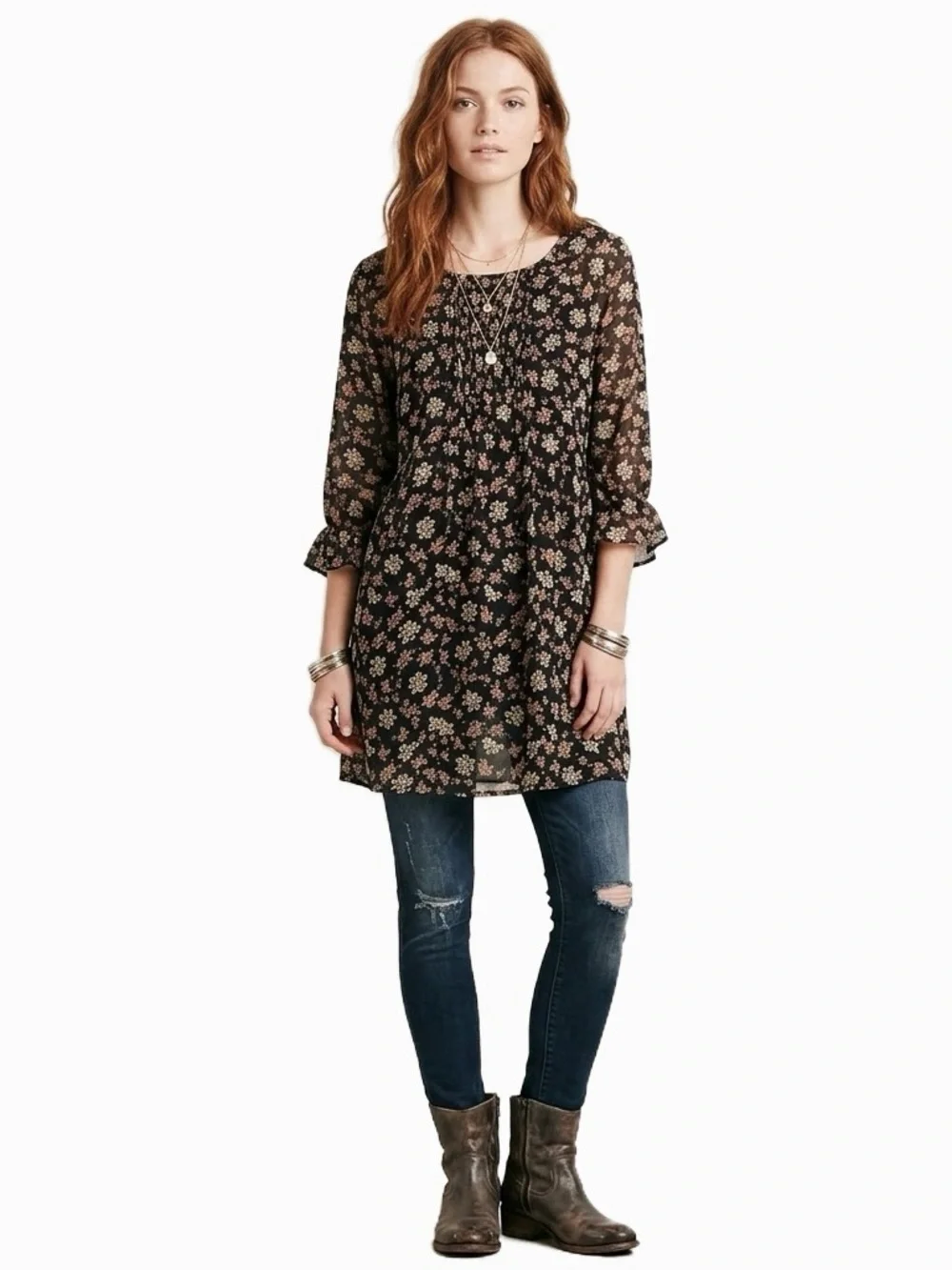 Free People Black 3/4 Sleeves Ditsy Floral Mini Dress Tunic